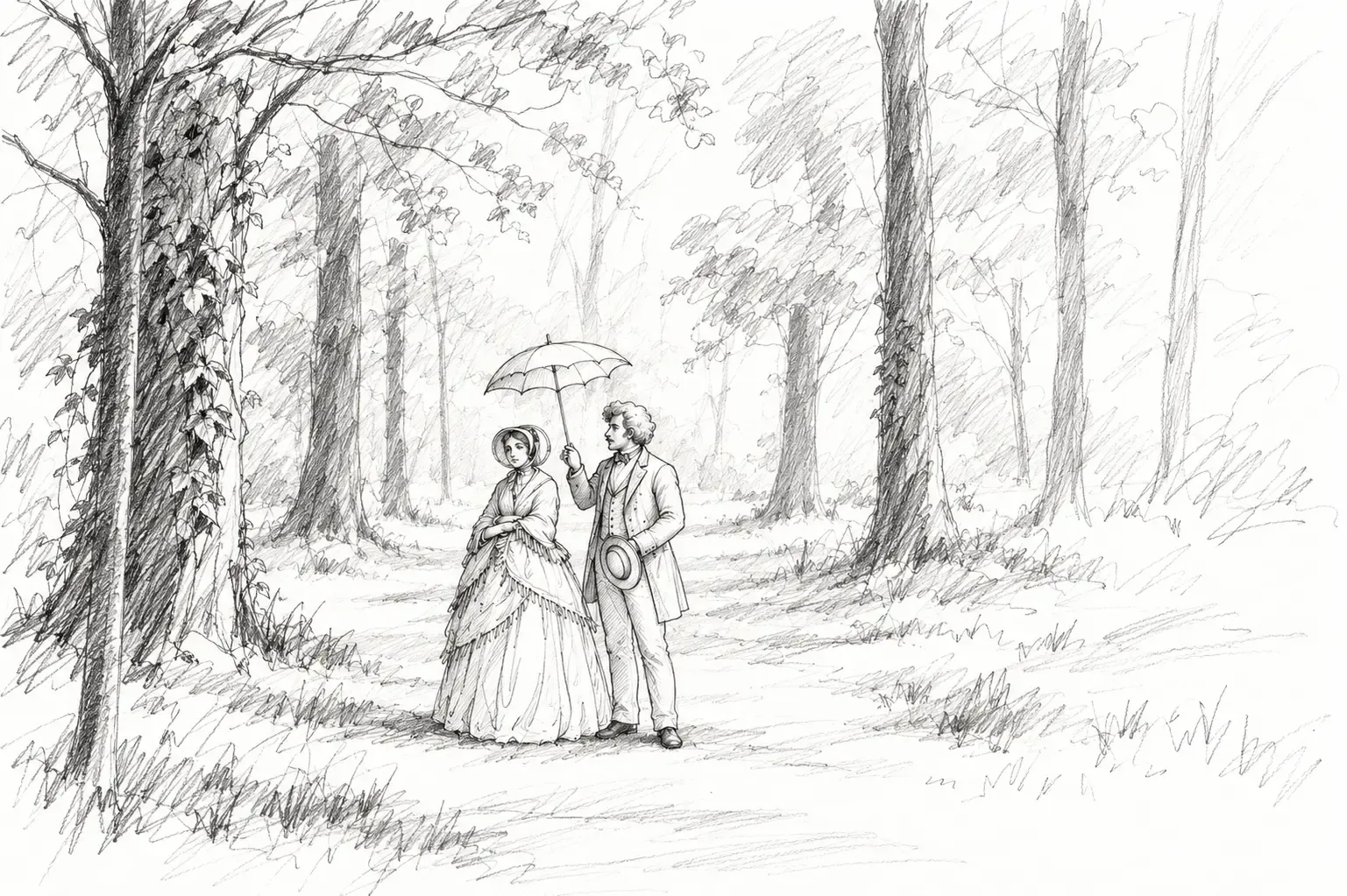 Tekening in zwart-wit van twee wandelaars in negentiende-eeuwse kleding op een bospad: een man met hoed die een parasol boven zich houdt en een vrouw in hoepelrok en kaphoedje, omlijst door twee grote boomstammen