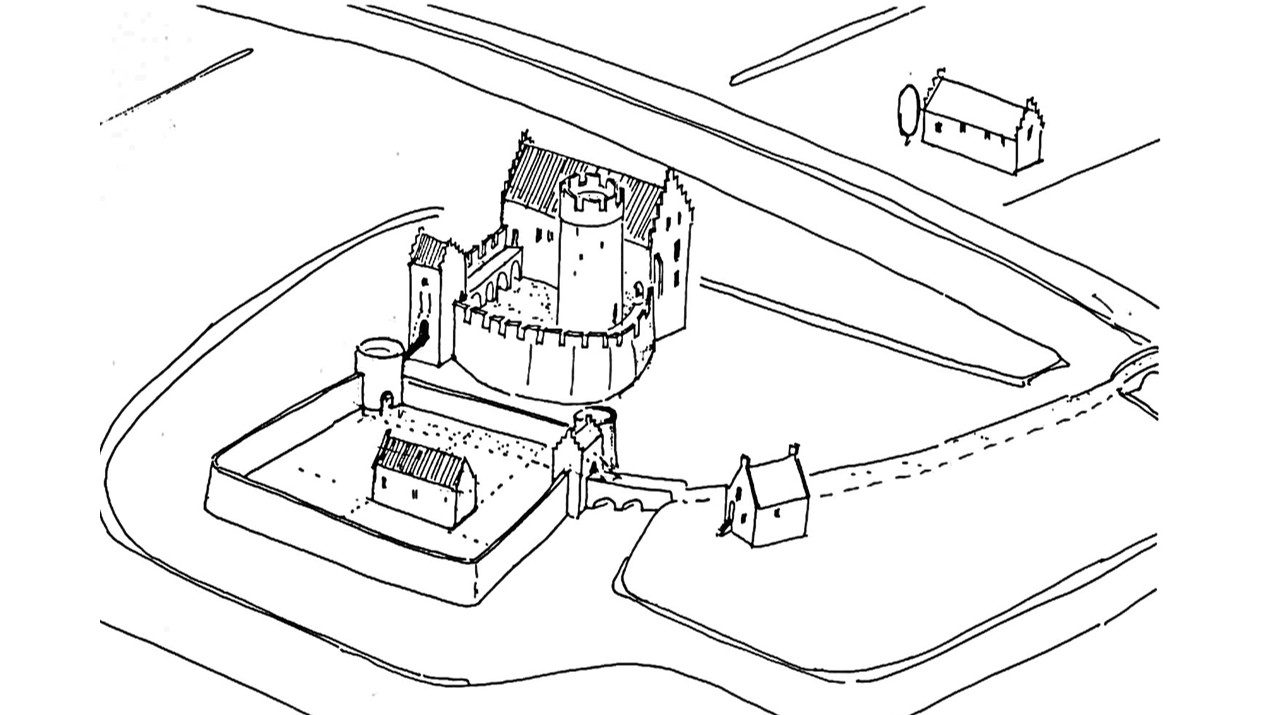 Vogelvluchtreconstructie in zwart-wit lijntekening van het uitgebreide kasteel: de ronde donjon met kantelen achter weermuren en vleugels met trapgevels, binnen een ommuurde voorburcht met hoektorens, poortgebouwen, bruggen en grachten