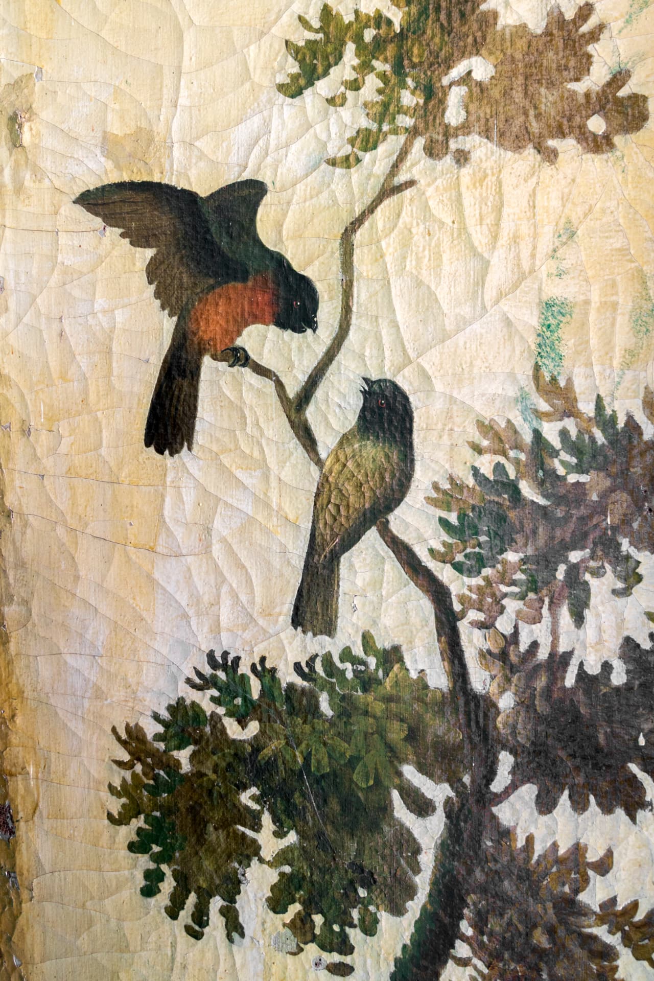 Detail van twee geschilderde vogels op een tak