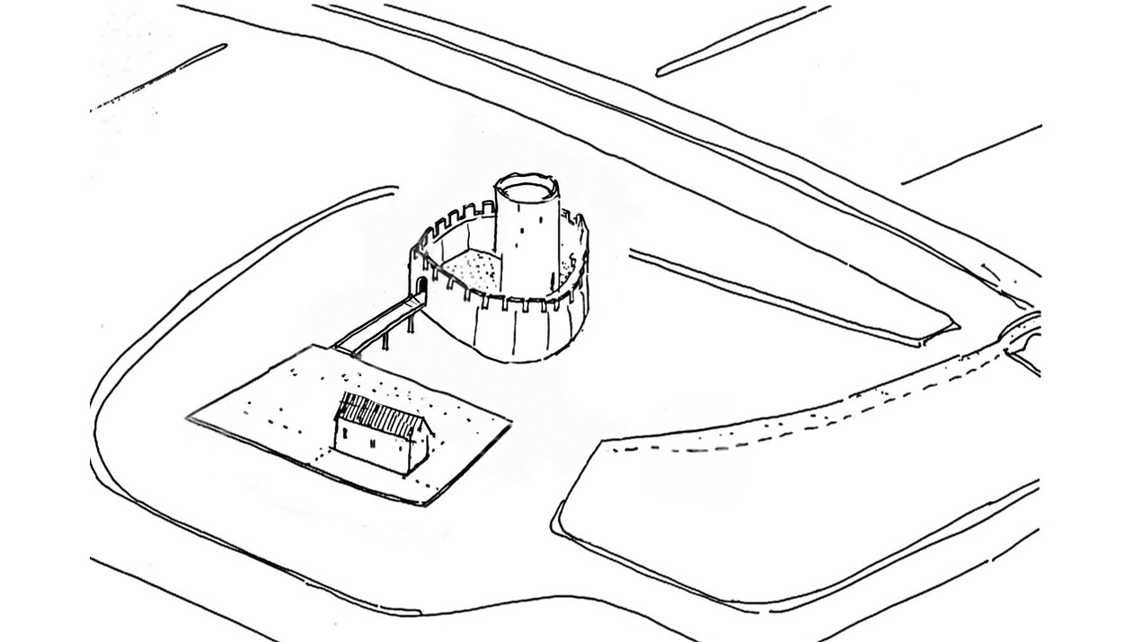Vogelvluchtreconstructie in zwart-wit lijntekening van de vroege bouwfase: alleen de ronde toren met een gekanteelde ringmuur, door een smalle brug verbonden met een rechthoekig voorplein waarop een langgerekt gebouw, alles omgeven door waterlopen