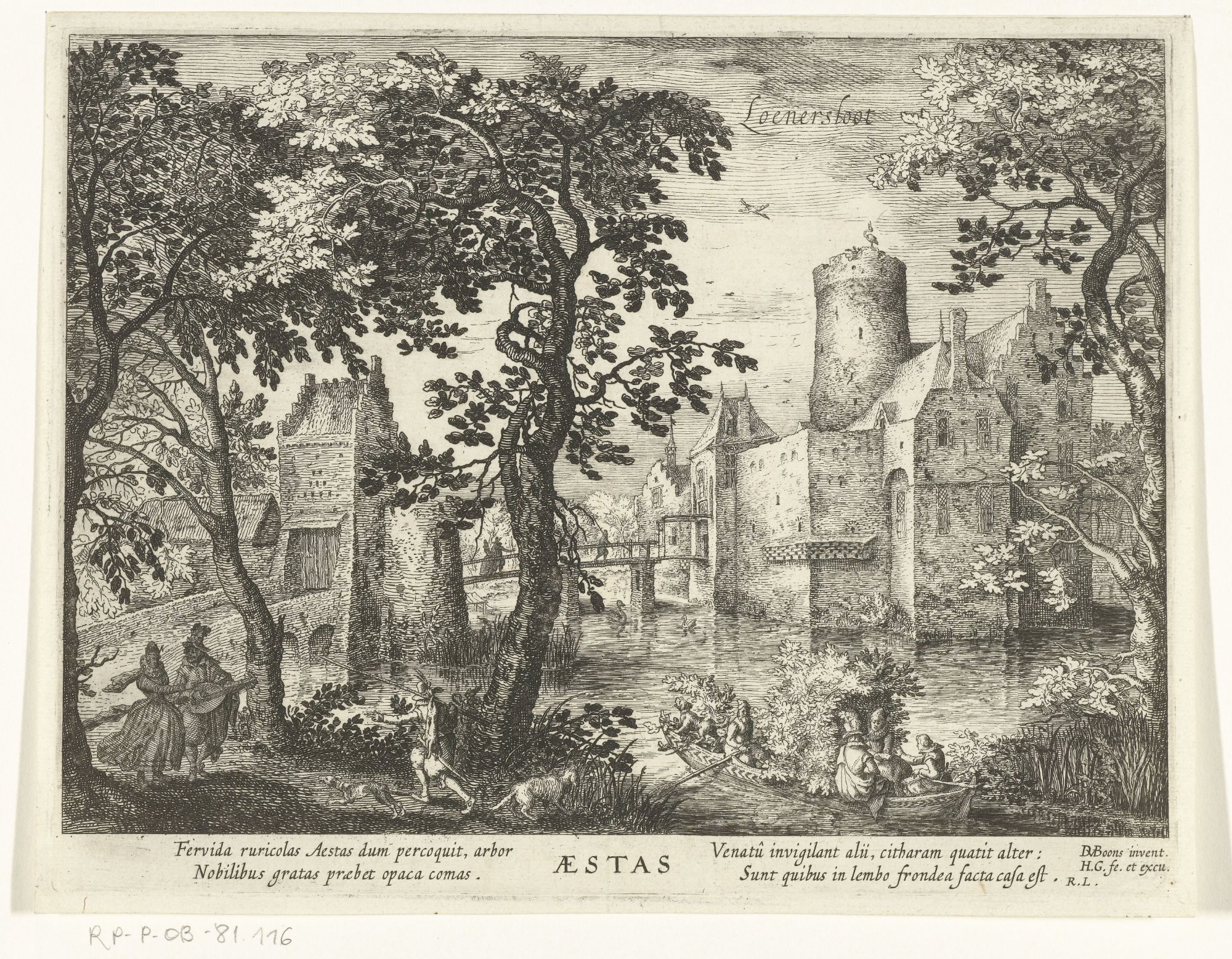 Ets met het kasteel Loenersloot met de ronde toren tussen de bomen, onderaan het woord Aestas en Latijnse regels